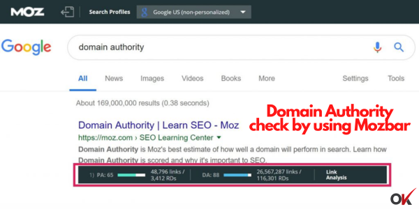 Domain Authority check by using Mozbar