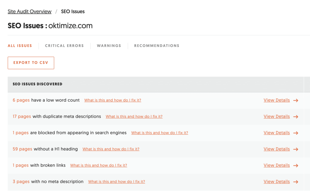 oktimize website audit result