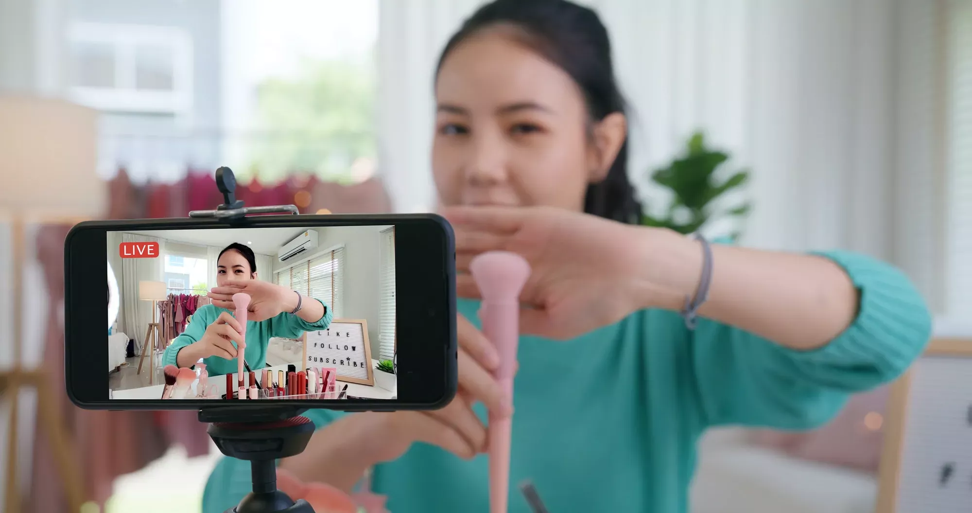 asia-woman-micro-influencer-record-live-viral-video-camera-at-home-studio-